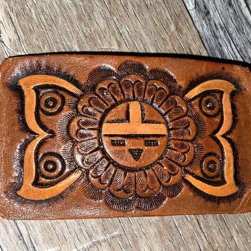 Vintage Zuni Sun Face Tooled Leather Belt Buckle